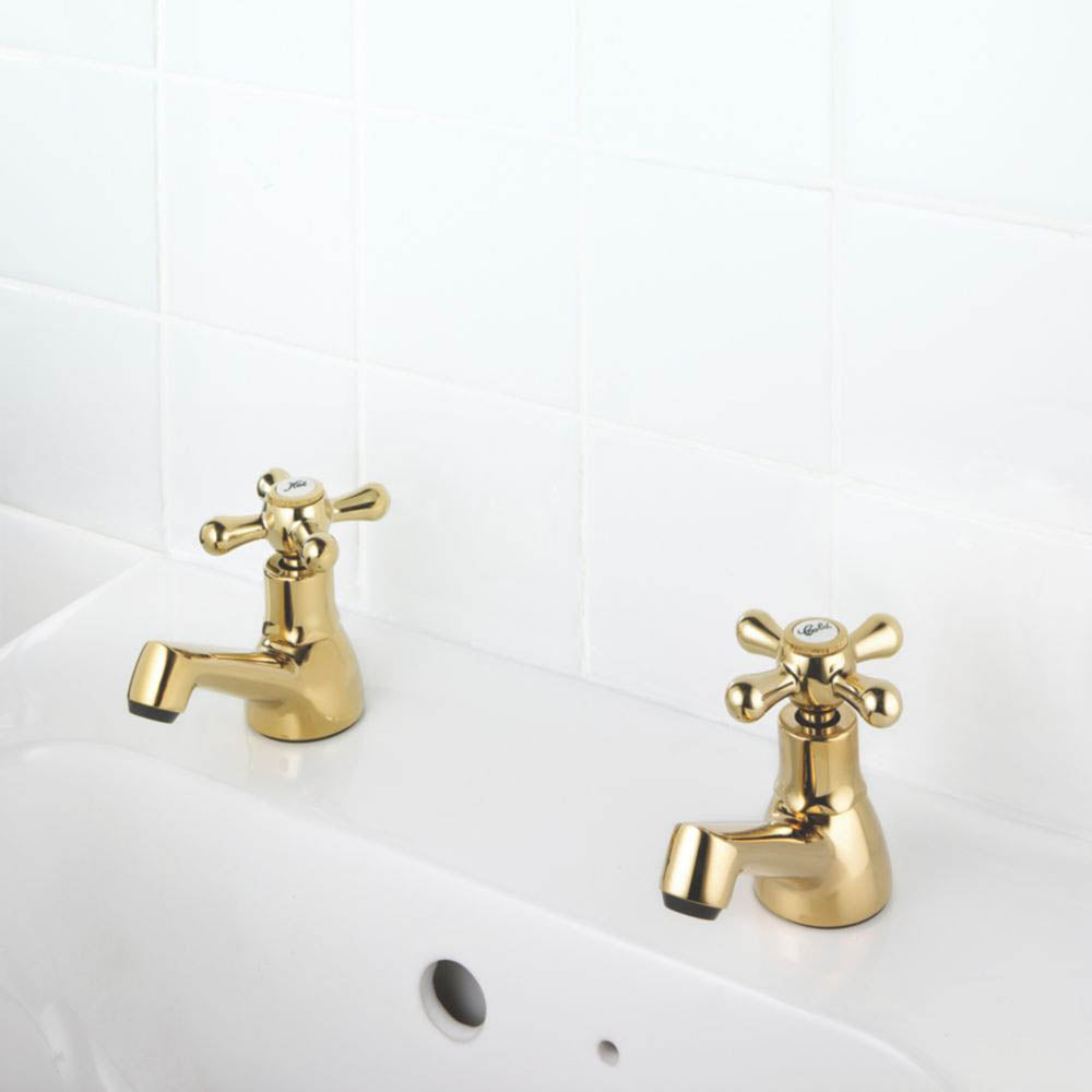 Swirl Bathroom Basin Pillar Tap Polished Gold Full Turn Cross Head Cold Hot Pair - Image 2