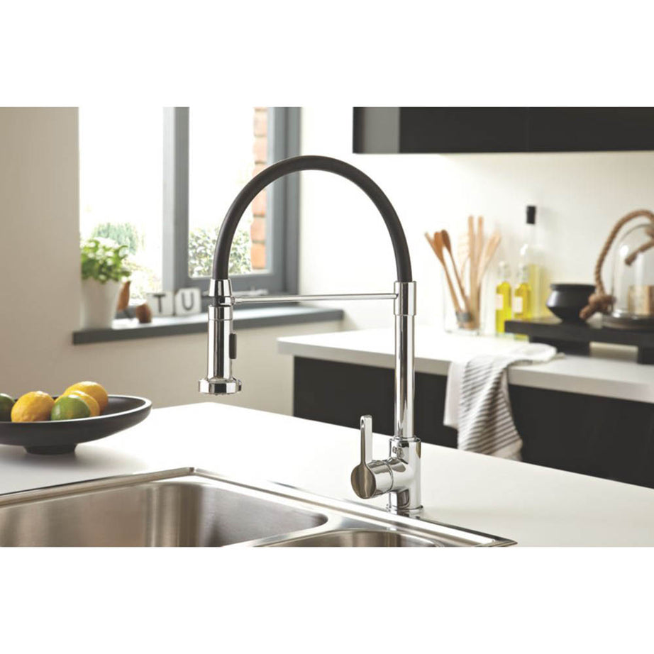 Kitchen Mono Mixer Tap Single Lever Pull Out Spout Chrome Ceramic Curved Neck - Image 3
