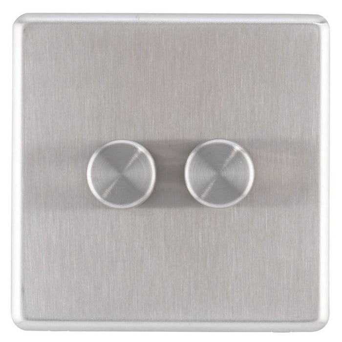 LED Wall Dimmer Switch 2-Gang 2-Way Stainless Steel Rotary Screwless Slim Raised - Image 1