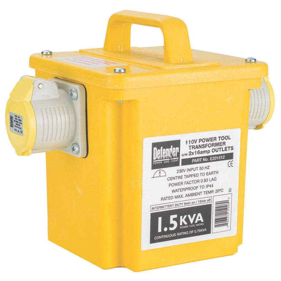 Defender Step-Down Transformer 230V/110V Yellow Freestanding 1.5kVA Intermittent - Image 2