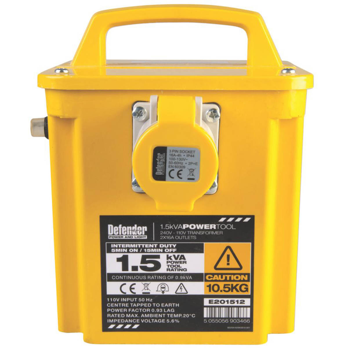 Defender Step-Down Transformer 230V/110V Yellow Freestanding 1.5kVA Intermittent - Image 3