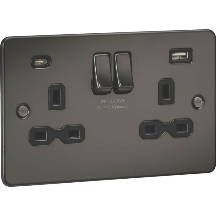 Switched Wall Socket Double 13A 2-Gang 2-Outlet Type A C USB Charger Grey - Image 2