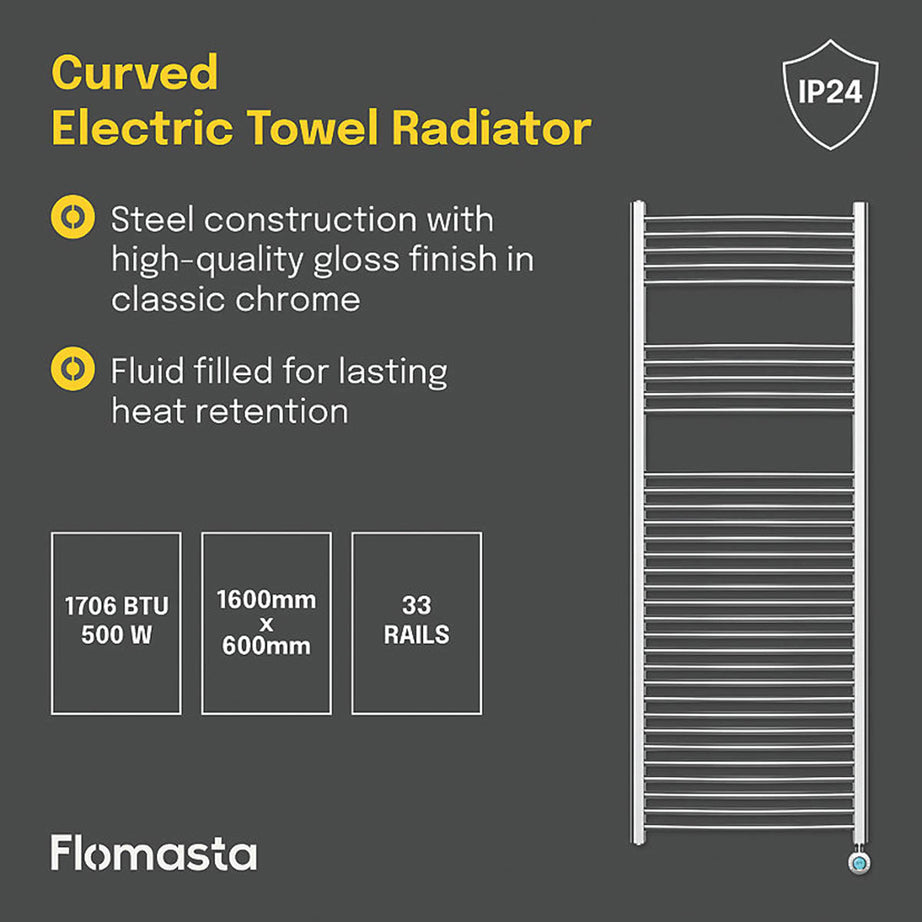 Flomasta Electric Towel Rail Radiator Chrome Curved Bathroom Warmer H160xW60cm - Image 3