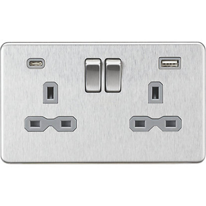 Switched Wall Socket Screwless 2 Gang USB A+C 20W Brushed Chrome Flat Profile - Image 1