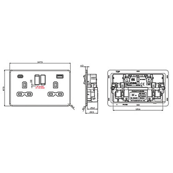 Switched Wall Socket Screwless 2 Gang USB A+C 20W Brushed Chrome Flat Profile - Image 6