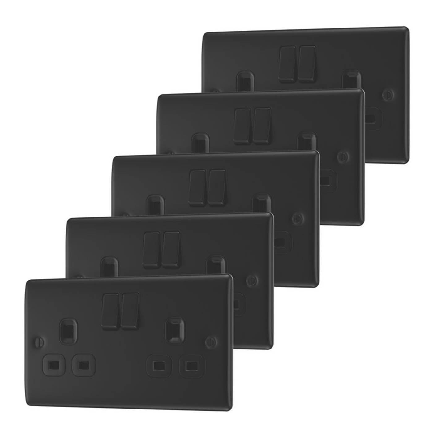 British General Switched Plug Sockets Metal 13A 2-Gang DP  Matt Black 5 Pack - Image 1