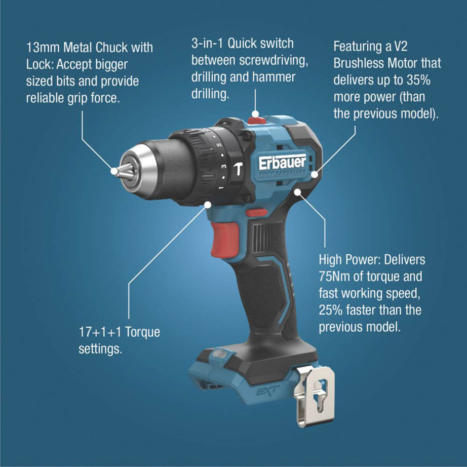 Erbauer Combi Drill Cordless 18V Li-Ion ERI1092COM Brushless Compact Body Only - Image 4