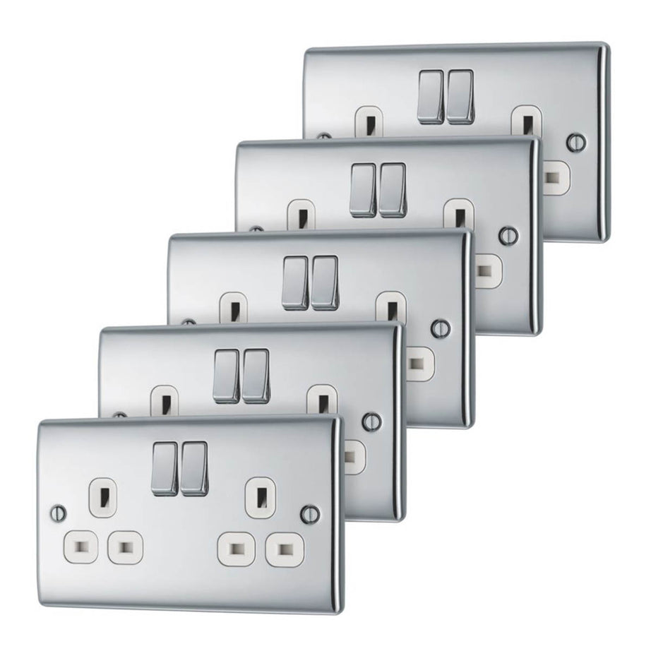 British General Switched Plug Sockets  13A 2-Gang DP Polished Chrome 5 Pack - Image 1