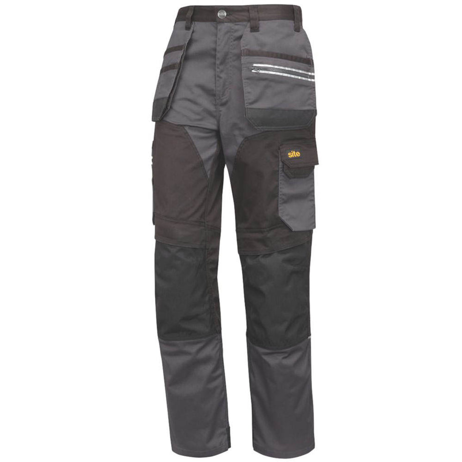 Site Work Trousers Mens Regular Fit Grey Black Stretch Multi Pockets 30W 32L - Image 1