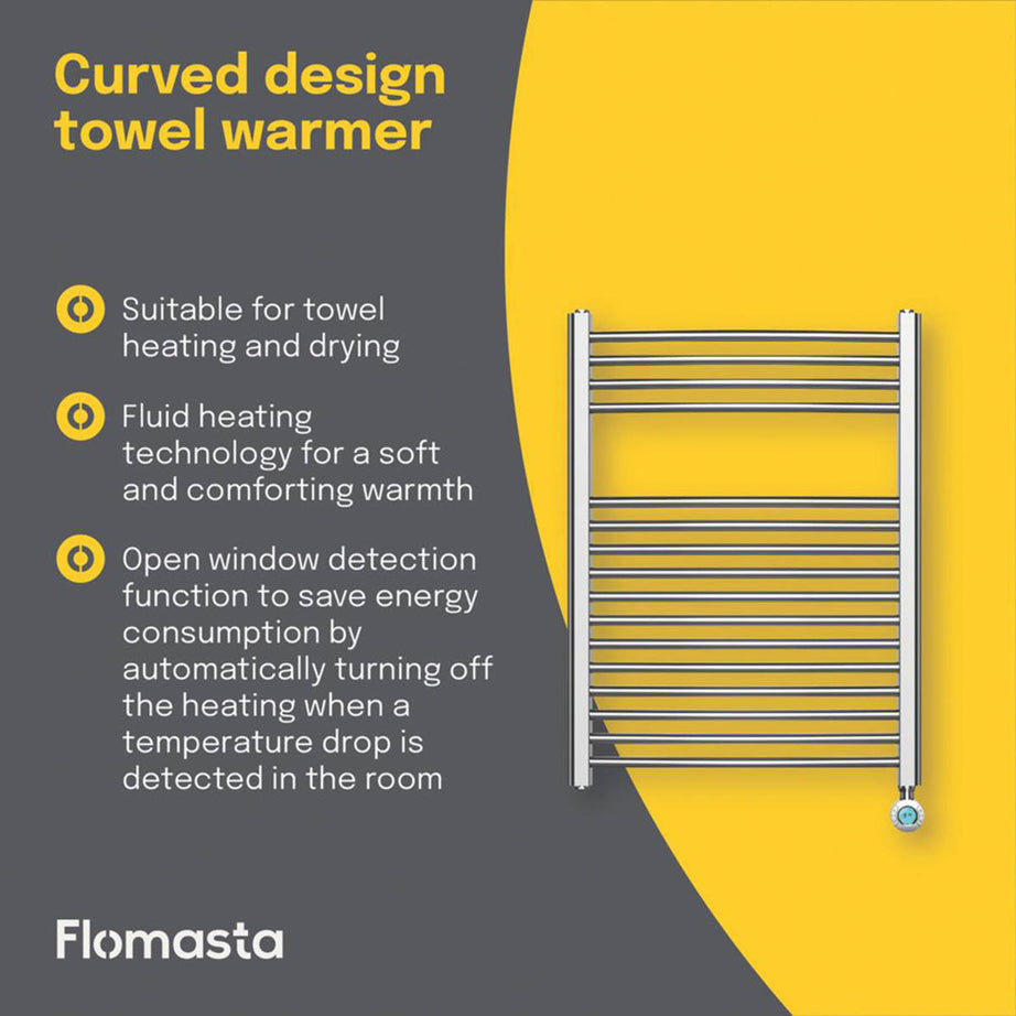 Flomasta Electric Towel Rail Radiator Chrome Curved Bathroom Warmer H80xW60cm - Image 3