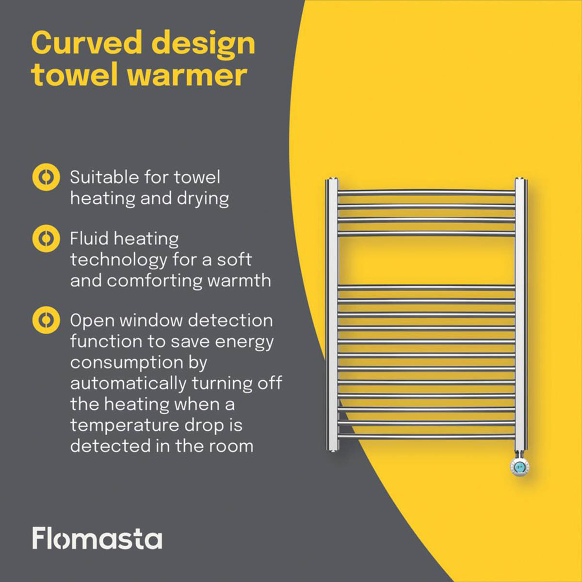 Flomasta Electric Towel Rail Radiator Chrome Curved Bathroom Warmer H80xW60cm - Image 3