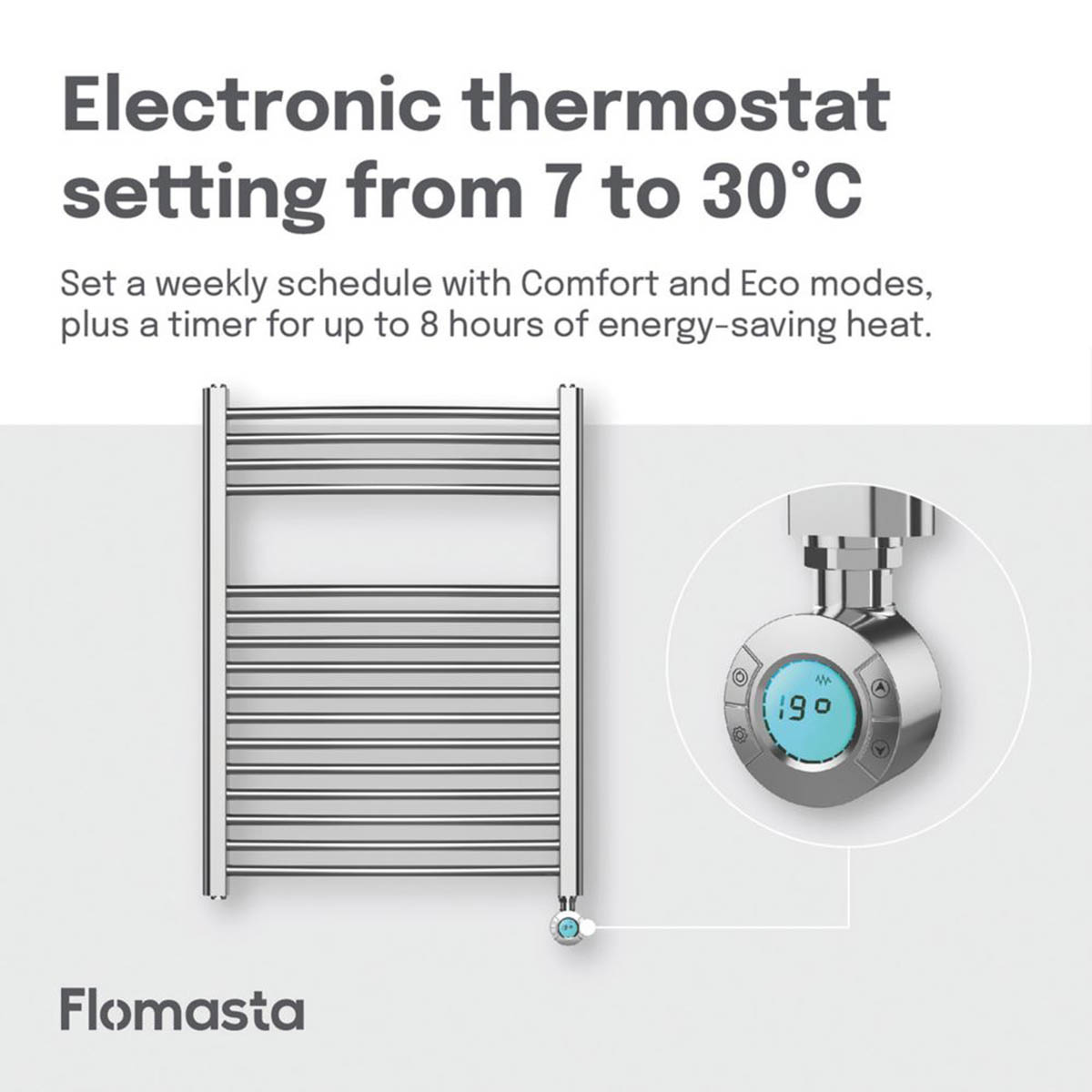 Flomasta Electric Towel Rail Radiator Chrome Curved Bathroom Warmer H80xW60cm - Image 5