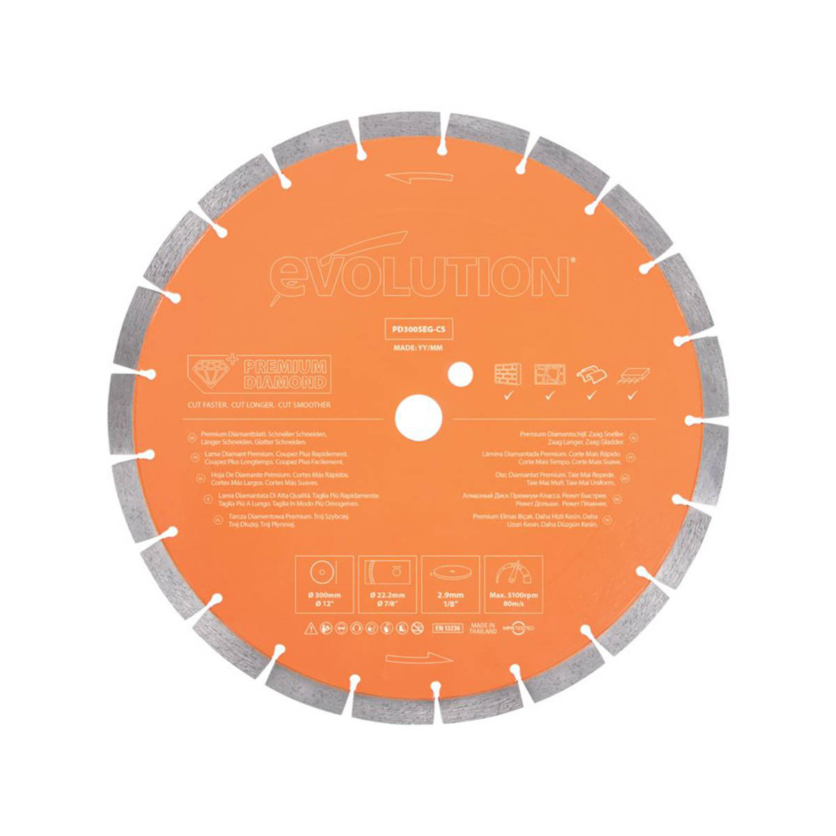 Evolution Diamond Blade 300x22.2mm PD300SEG-CS Cutting Disc Masonry Wet Dry Use - Image 1