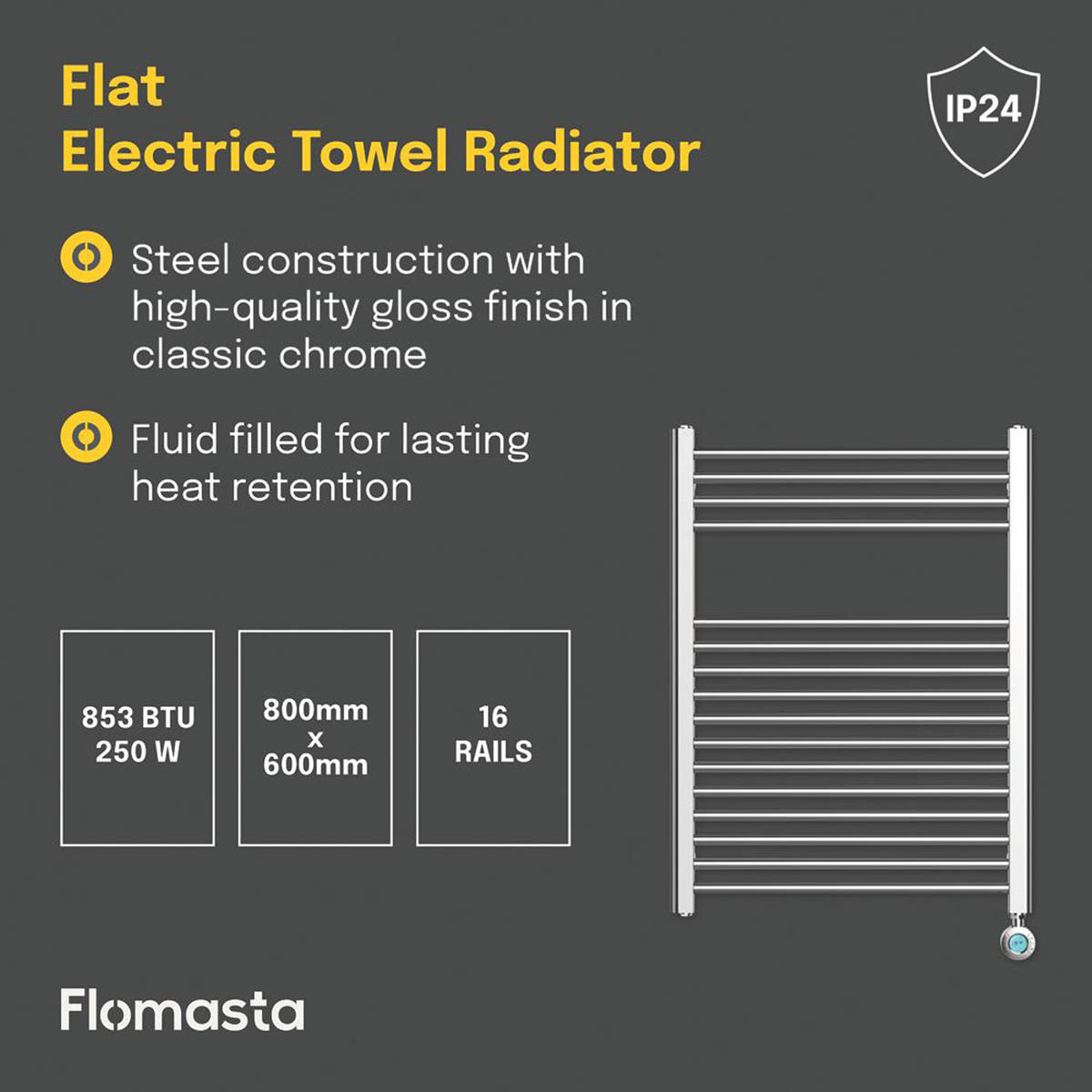 Flomasta Electric Towel Radiator Chrome Flat 800mm x 600mm 853BTU - Image 4