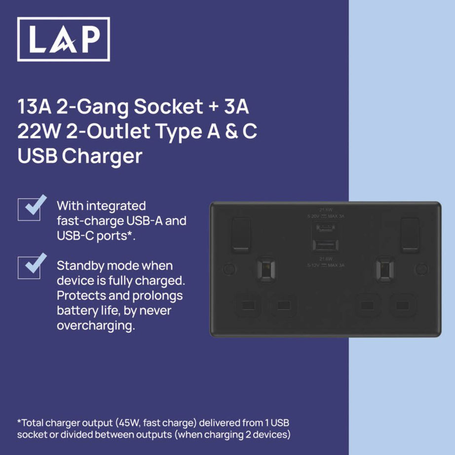 LAP Wall Plug Socket Matt Black 13A 2 Gang SP Switched Type A And C USB Charger - Image 3