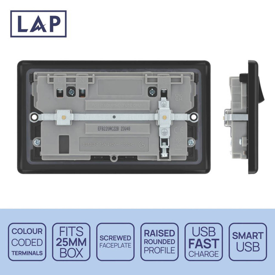 LAP Wall Plug Socket Matt Black 13A 2 Gang SP Switched Type A And C USB Charger - Image 4