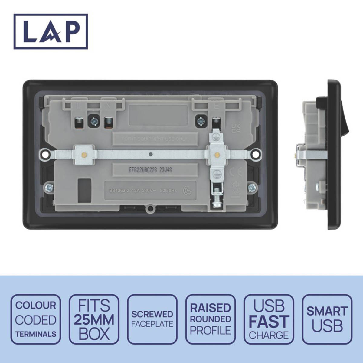 LAP Wall Plug Socket Matt Black 13A 2 Gang SP Switched Type A And C USB Charger - Image 4
