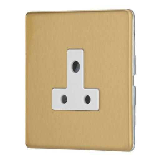 Round Pin Wall Socket 5A 1-Gang Unswitched Brushed Brass with White Inserts - Image 1