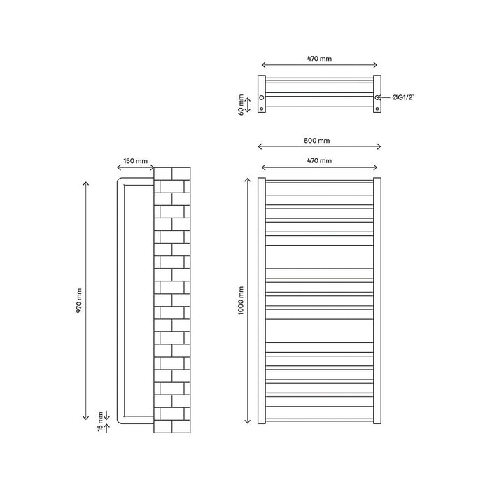 Towel Rail Radiator Matt White Flat Bathroom Ladder Warmer 546W (H)1000x(W)500mm - Image 4