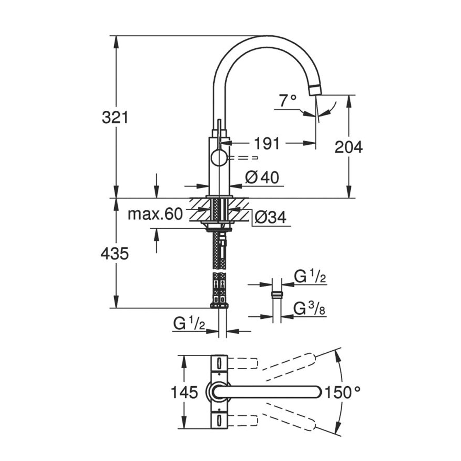 Grohe Kitchen Sink Tap Mono Mixer Double Lever Chrome Ceramic Disc Swivel Spout - Image 5