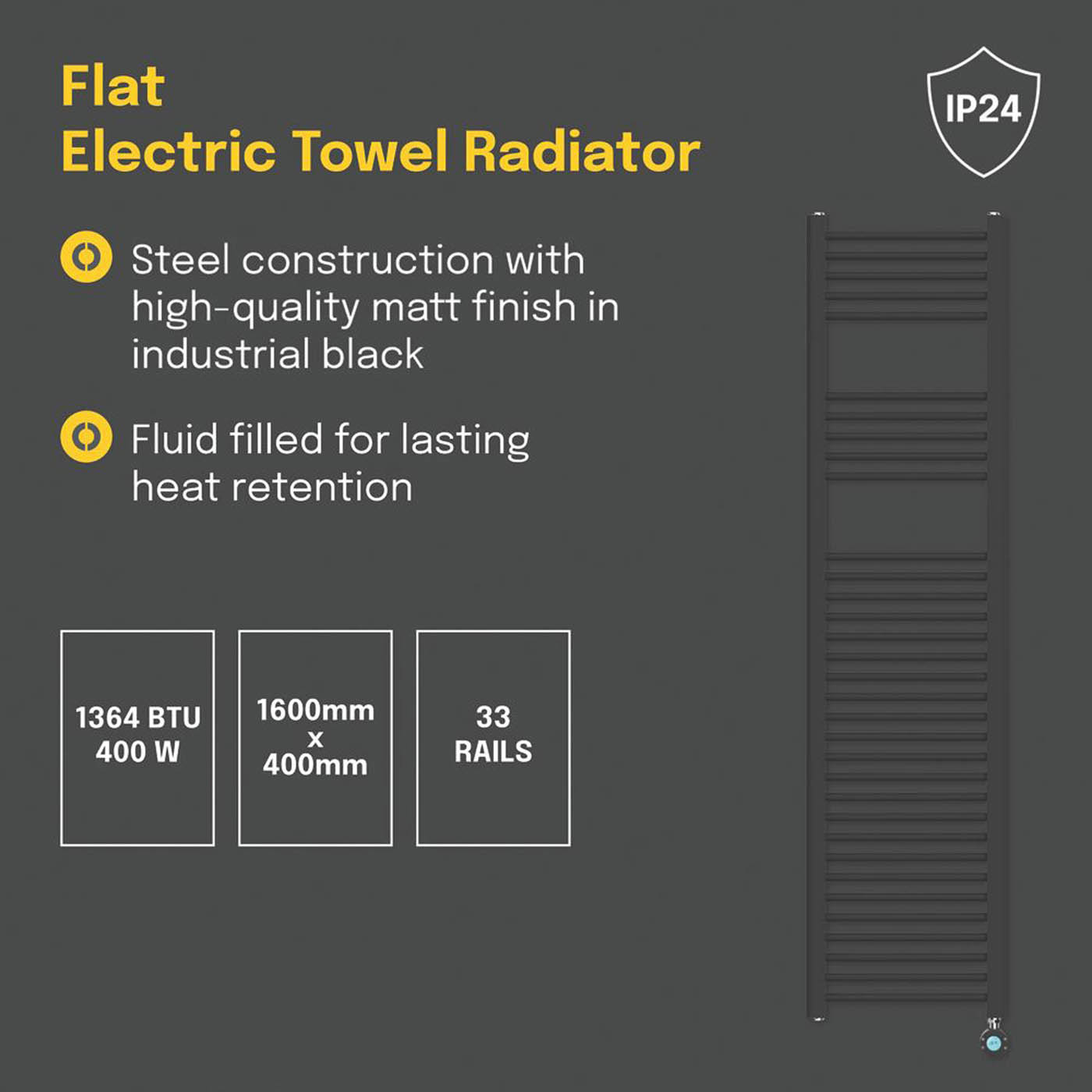 Flomasta Electric Towel Radiator Flat Matt Black Programmable 1600mm x 400mm - Image 4