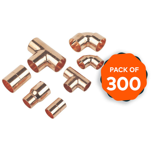 Flomasta Pipe Fittings Pack Copper End Feed Connectors Plumbing 300 Piece Set - Image 1