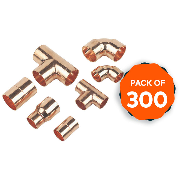 Flomasta Pipe Fittings Pack Copper End Feed Connectors Plumbing 300 Piece Set - Image 1