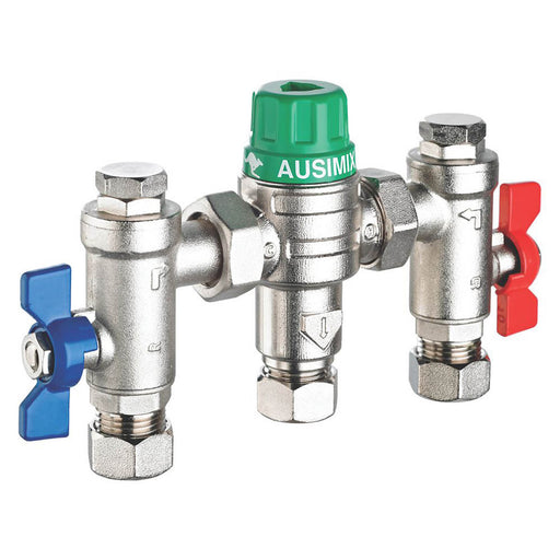 Thermostatic Mixing Valve Ausimix 4-in-1 22mm Push Fit For Showers Bath Basin - Image 1