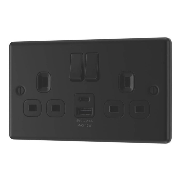 LAP Switched Socket 13A 2-Gang 12W 2-Outlet Type A & C USB Charger Matt Black - Image 1