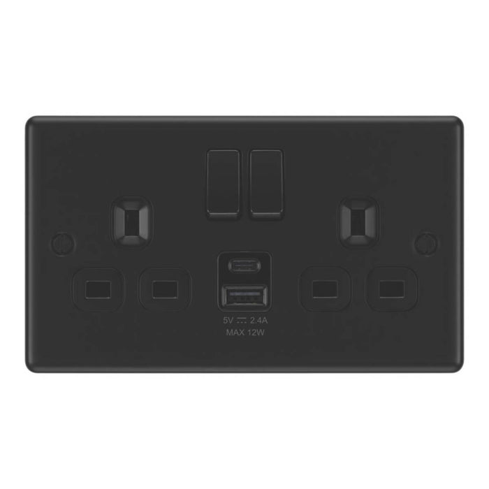 LAP Switched Socket 13A 2-Gang 12W 2-Outlet Type A & C USB Charger Matt Black - Image 2