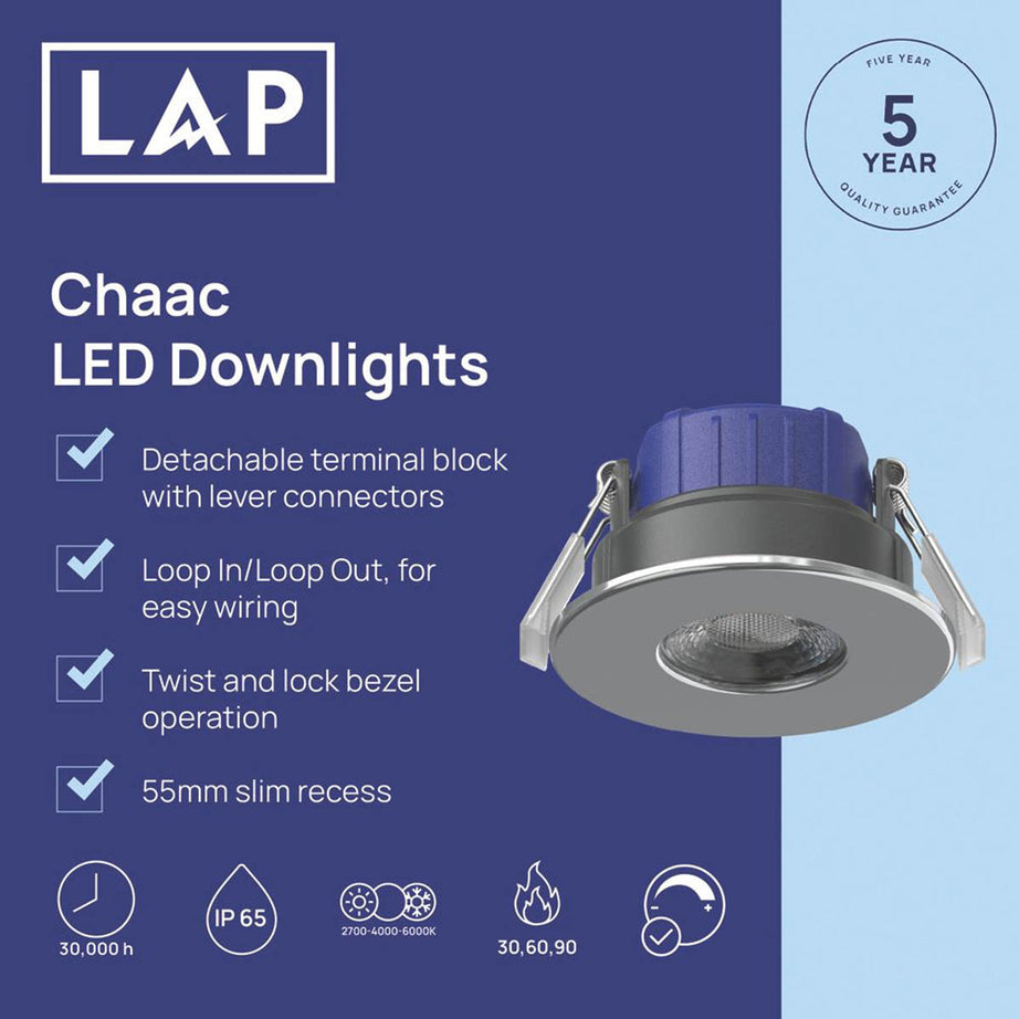 LAP LED Downlights Fixed Fire Rated Polished Chrome Variable White 5.5W 10 Pack - Image 2