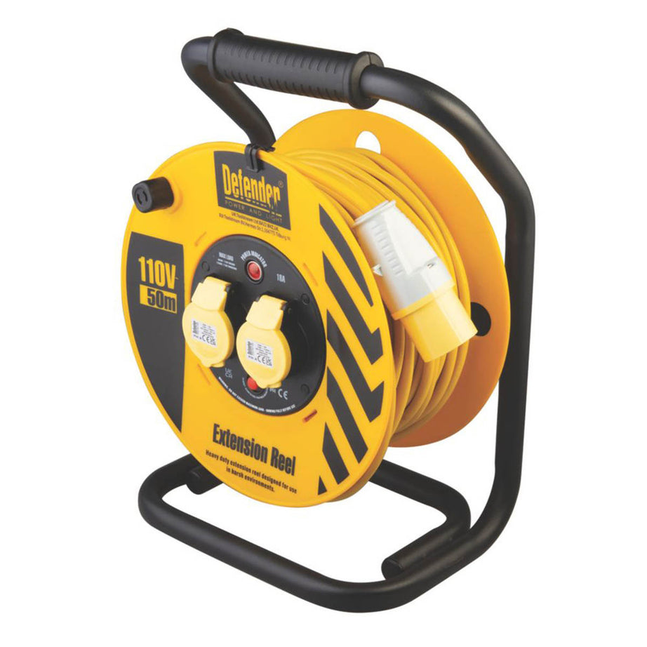 Defender Cable Reel 110V 50m 16A 2 Gang 1.5mm² 3 Core Heavy Duty Industrial - Image 1